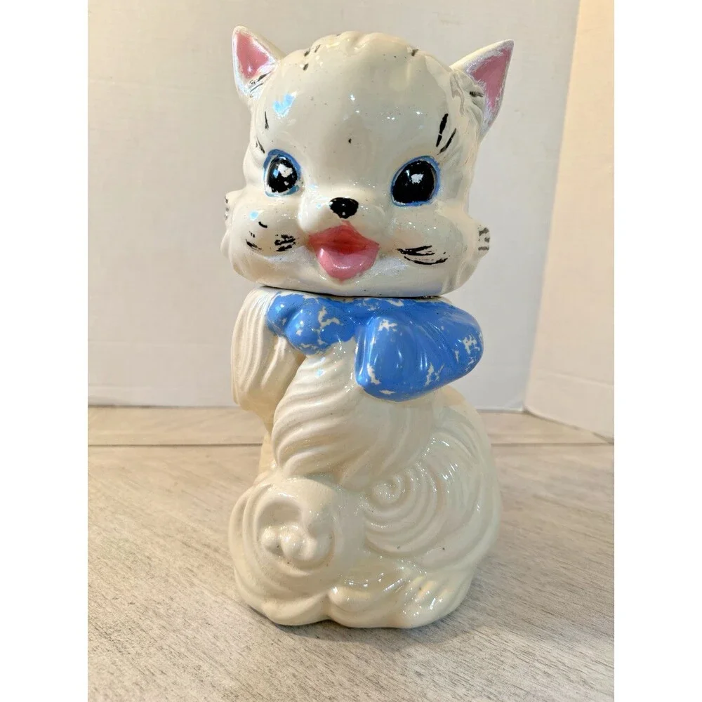 Vintage American Bisque Fluffy Cat Cookie Jar Blue Bow 1940s 1950s Pottery USA